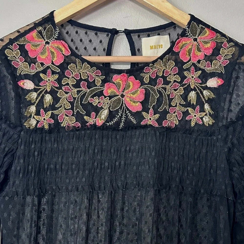 Anthropologie Maeve Samara Dress Womens M Black Mesh Floral Embroidered Tunic